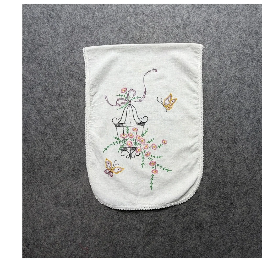 Vintage Embroidered Birdcage Butterfly Table Runner Crocheted Lace Trim 34x12.5